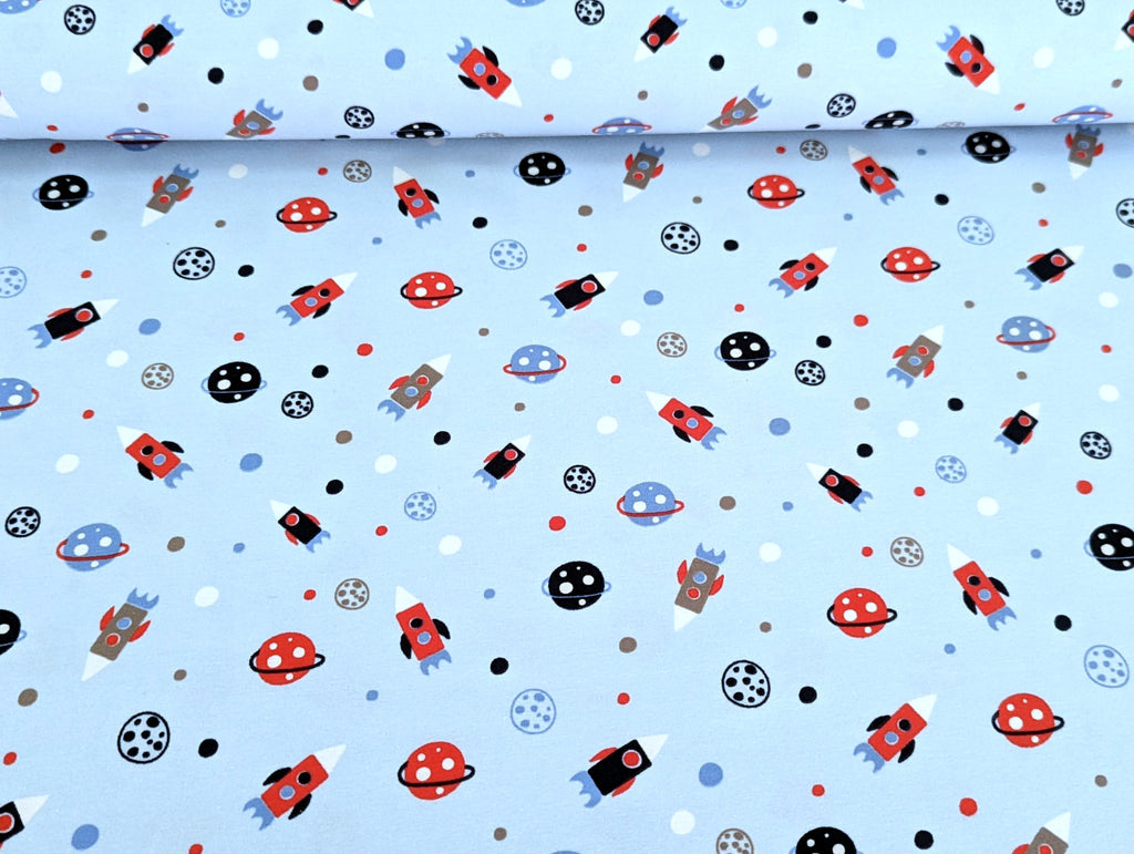 Cotton Jersey Rockets and Planets Baby Blue