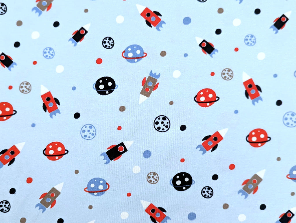 Cotton Jersey Rockets and Planets Baby Blue