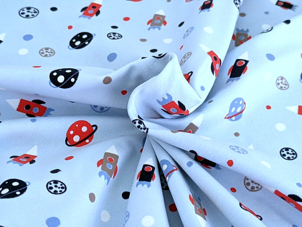Cotton Jersey Rockets and Planets Baby Blue