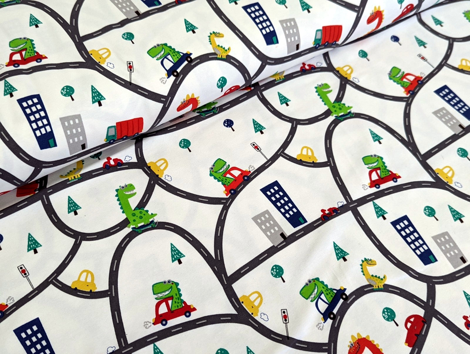 Cotton jersey dinosaur in car on road white