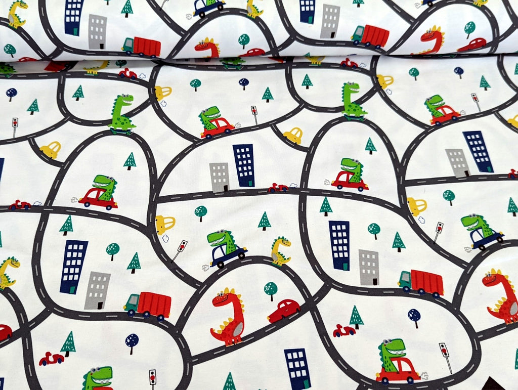 Cotton jersey dinosaur in car on road white