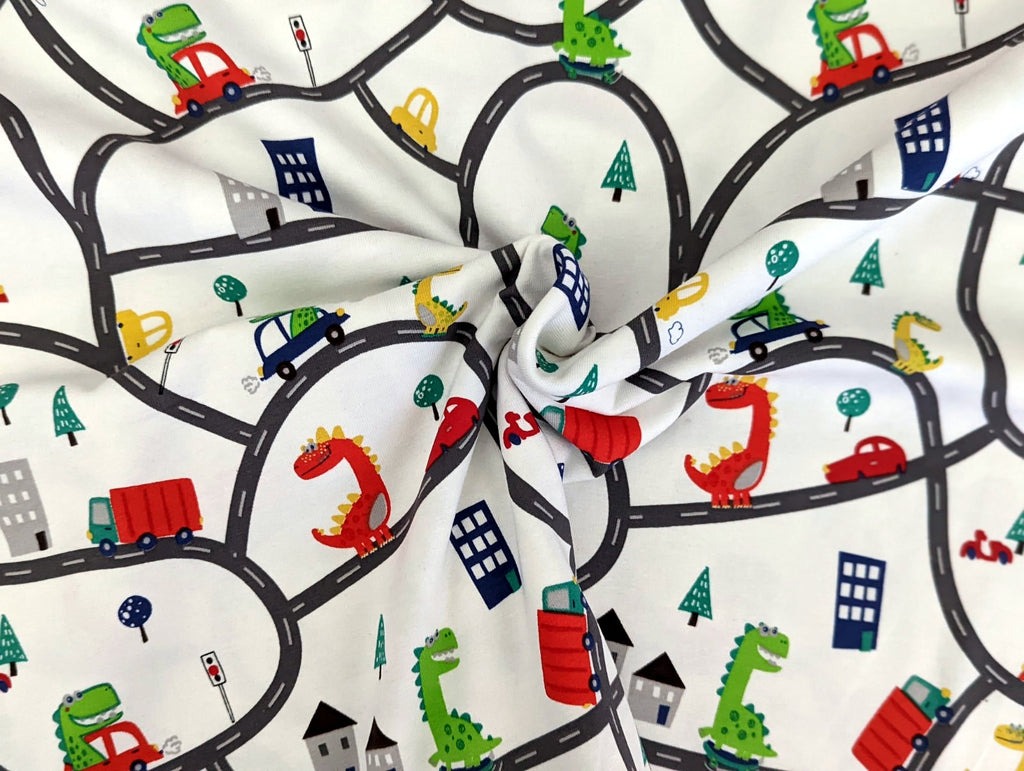 Cotton jersey dinosaur in car on road white