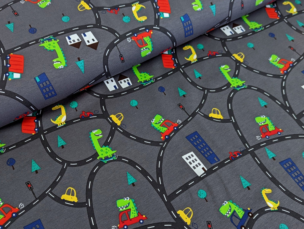 Cotton Jersey Dinosaur in Car on Road Grey