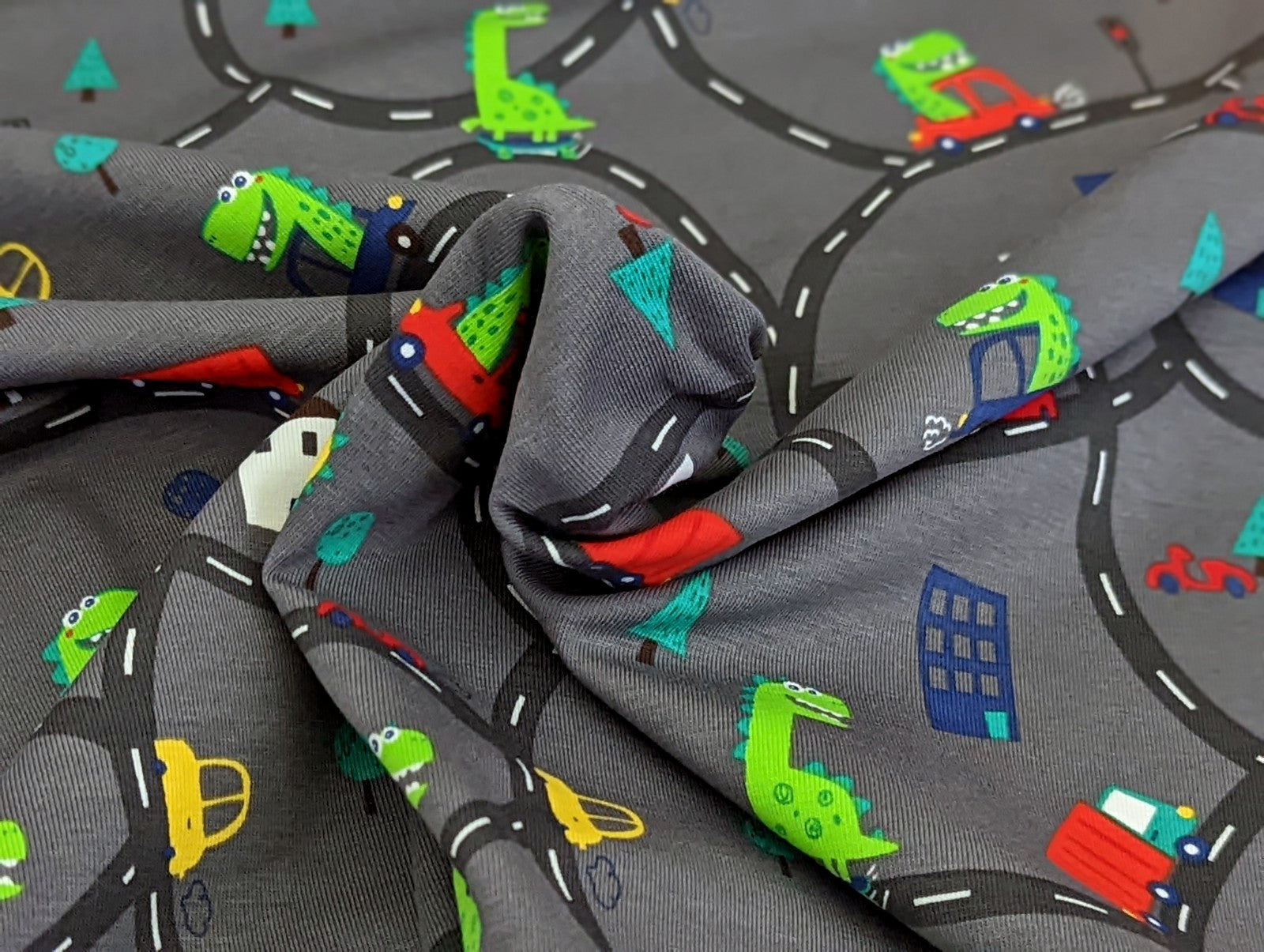 Cotton Jersey Dinosaur in Car on Road Grey