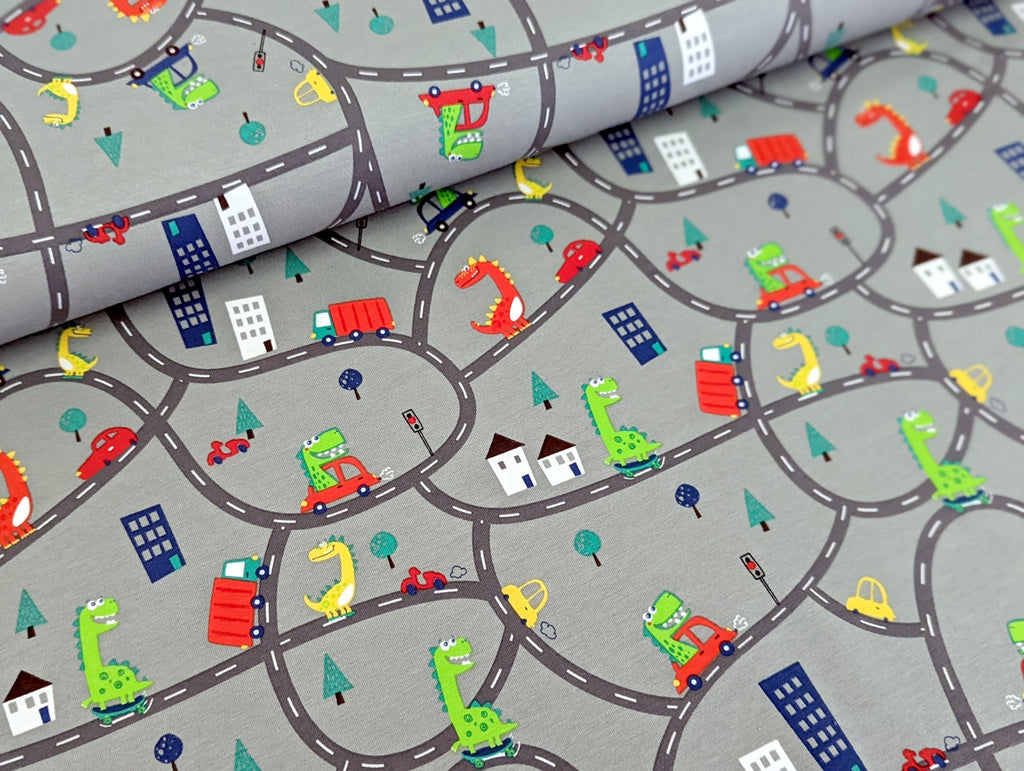 Cotton Jersey Dino in Car on the Road Light Grey