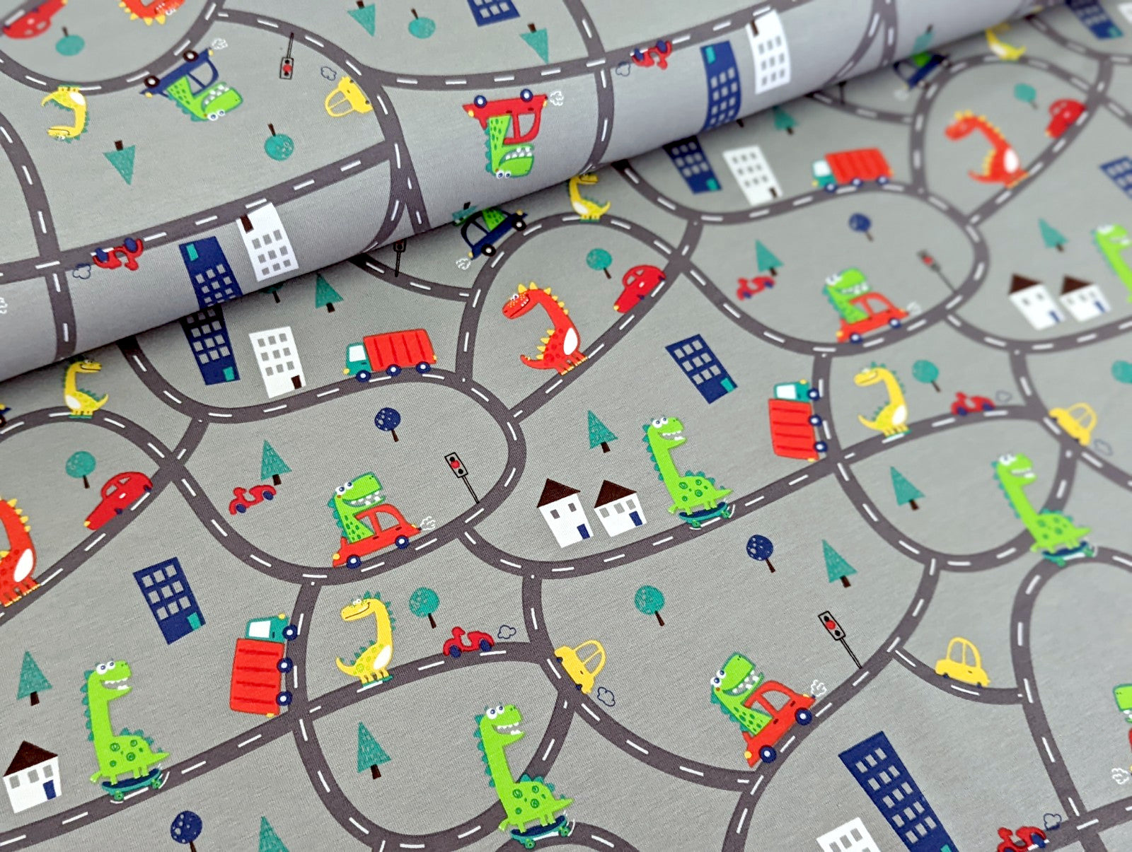 Cotton Jersey Dino in Car on the Road Light Grey