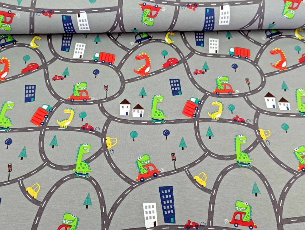 Cotton Jersey Dino in Car on the Road Light Grey