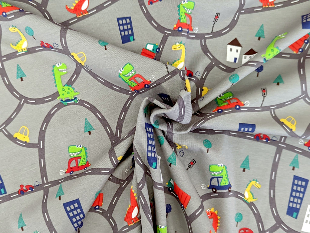 Cotton Jersey Dino in Car on the Road Light Grey