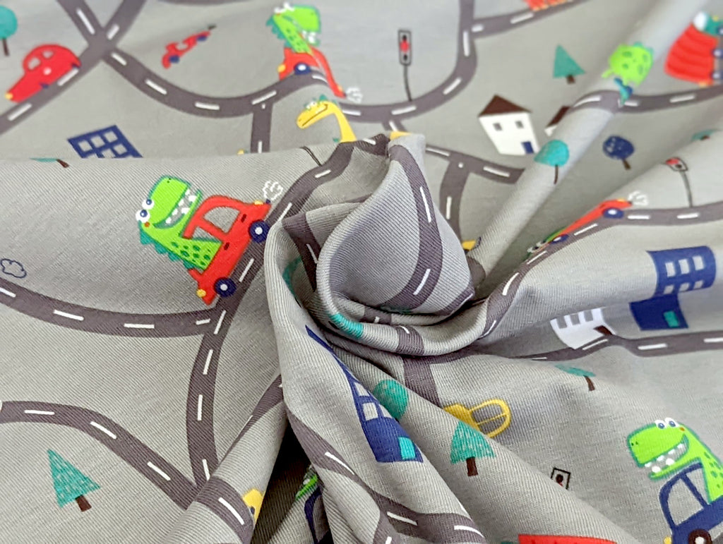 Cotton Jersey Dino in Car on the Road Light Grey