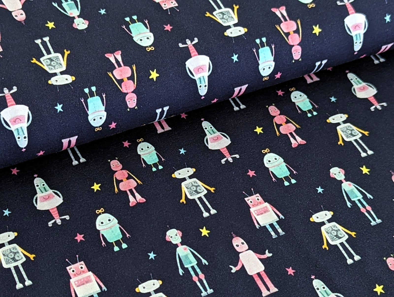 Cotton Jersey Digital Print Robot Stars on Night Blue