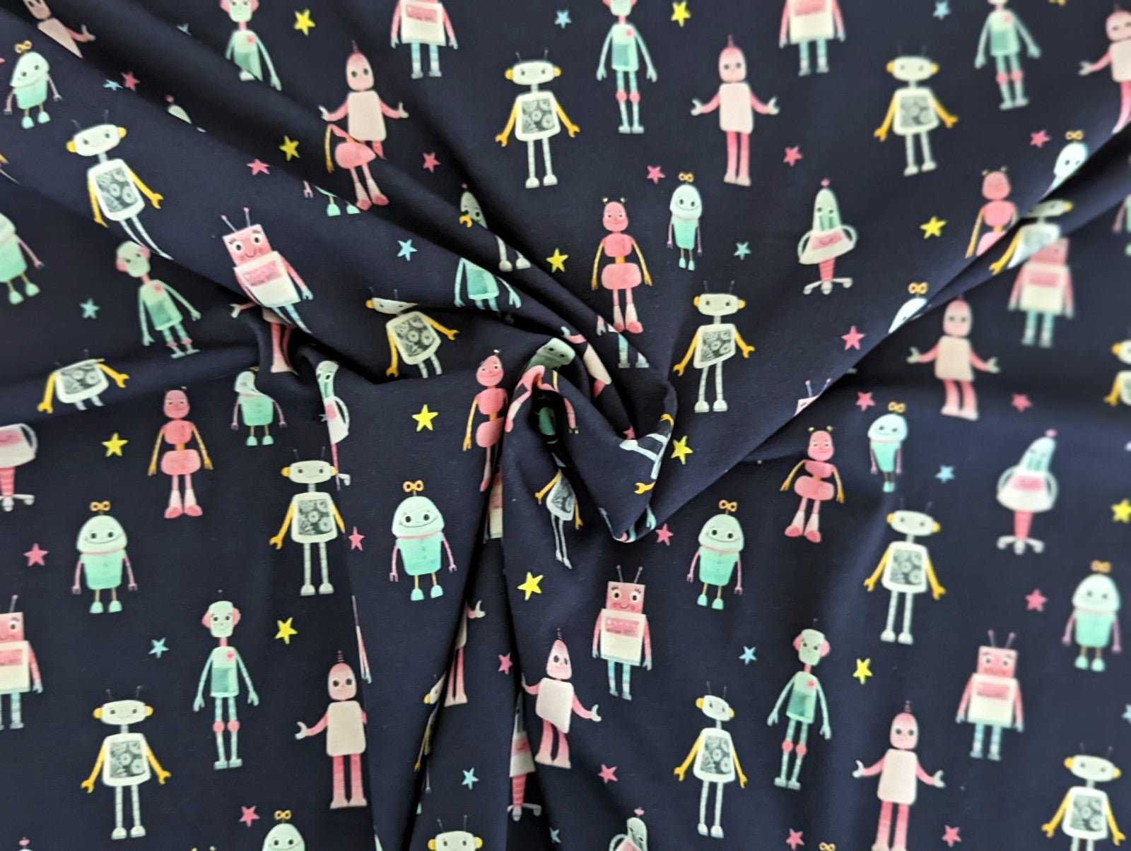 Cotton Jersey Digital Print Robot Stars on Night Blue