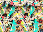 Cotton Jersey "HAPPIER" Cute Dogs and Cats Colorful/Green