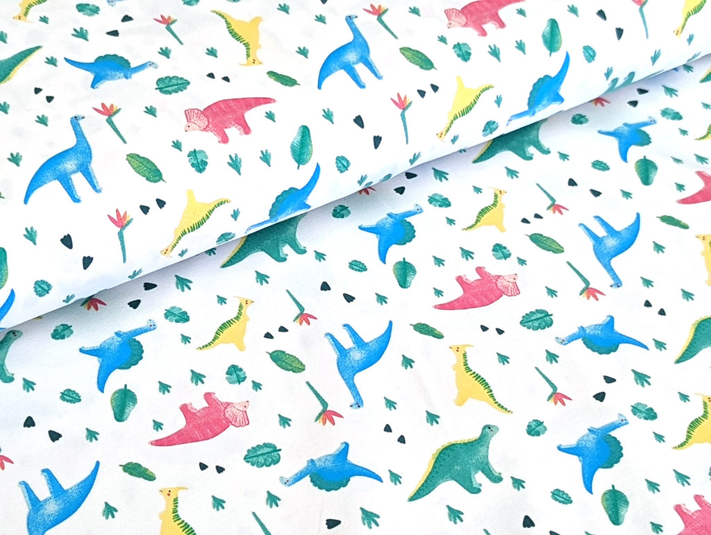 Cotton Jersey Small Neon Dinosaurs on White