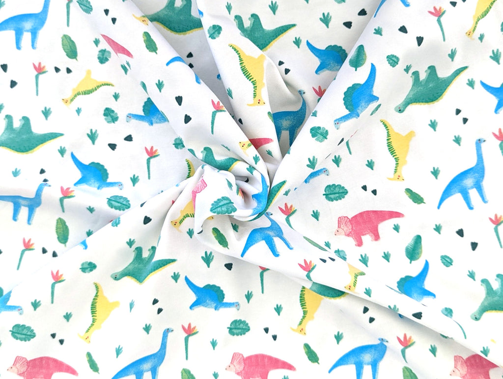Cotton Jersey Small Neon Dinosaurs on White
