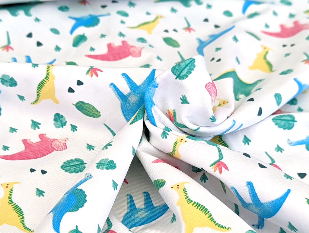Cotton Jersey Small Neon Dinosaurs on White