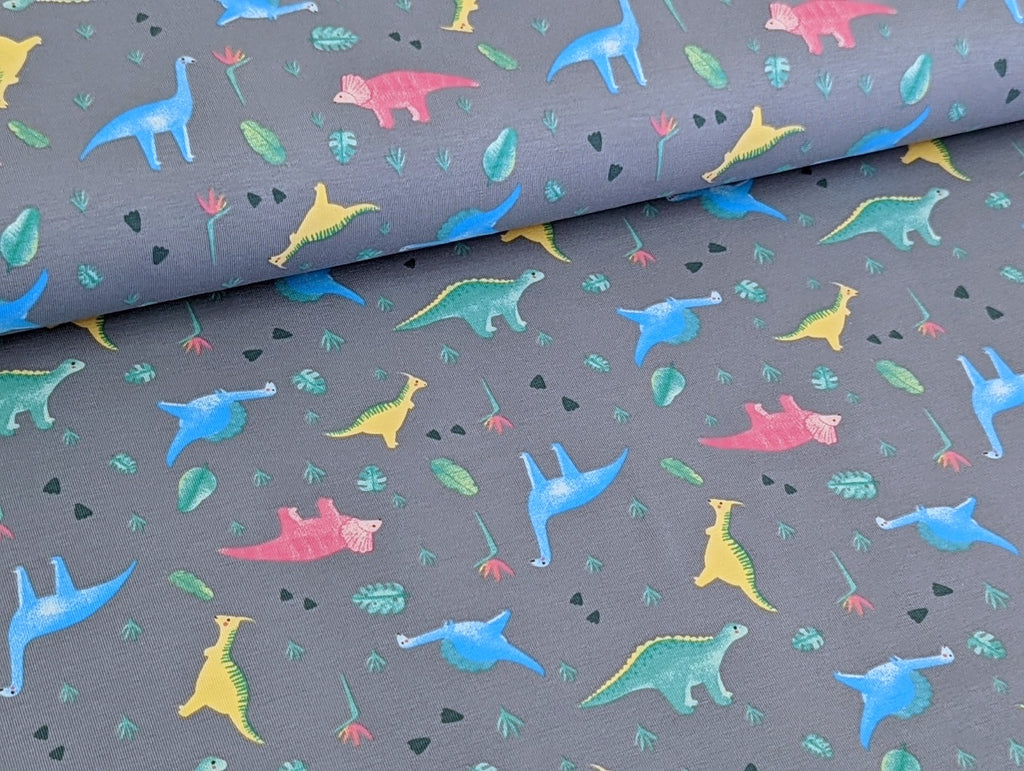 Cotton Jersey Little Neon Dinosaurs on Gray