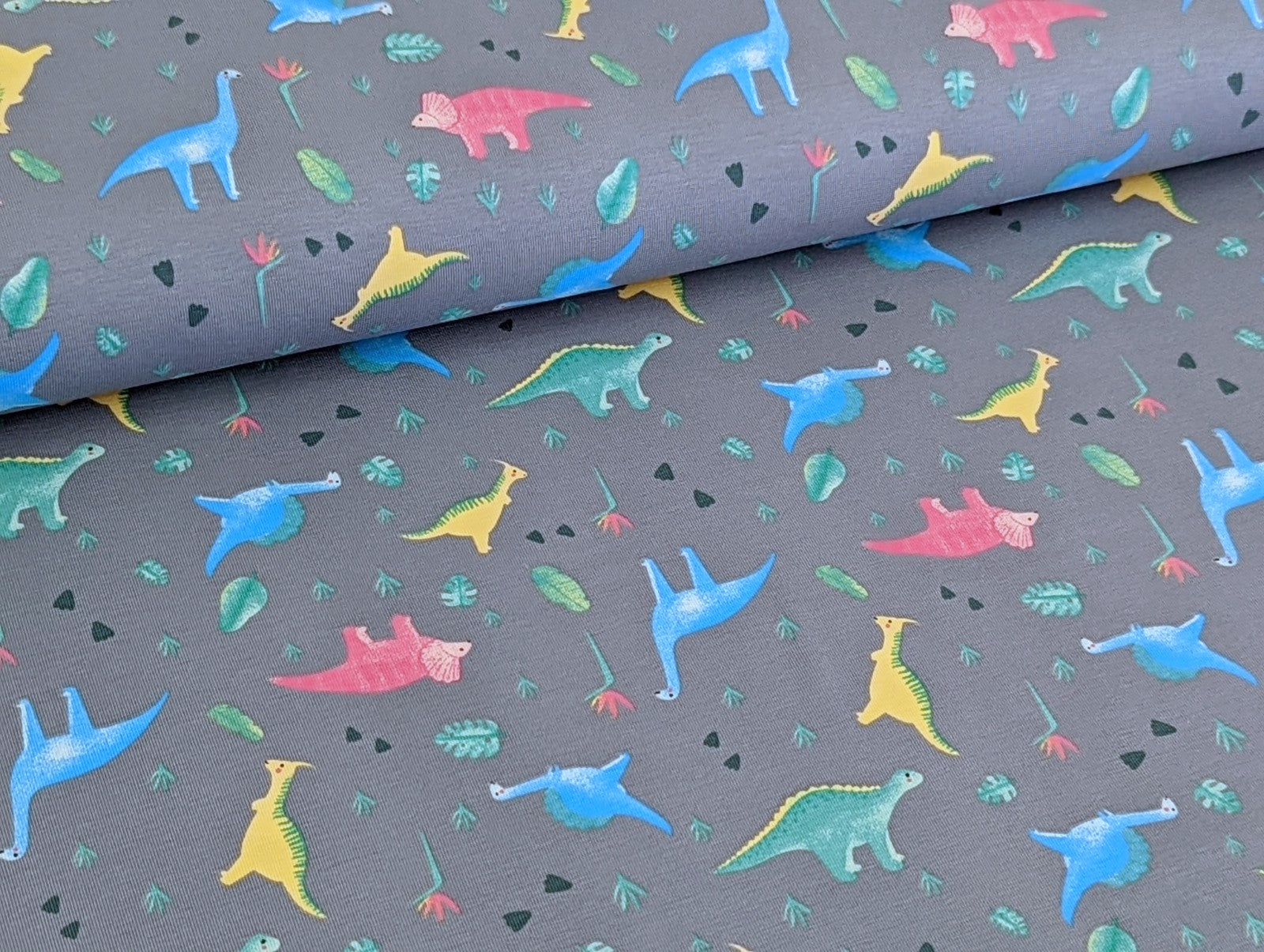 Cotton Jersey Little Neon Dinosaurs on Gray