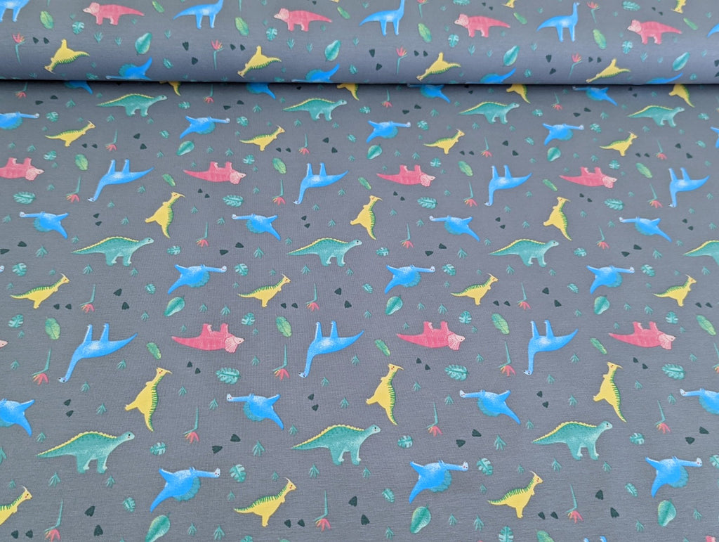 Cotton Jersey Little Neon Dinosaurs on Gray