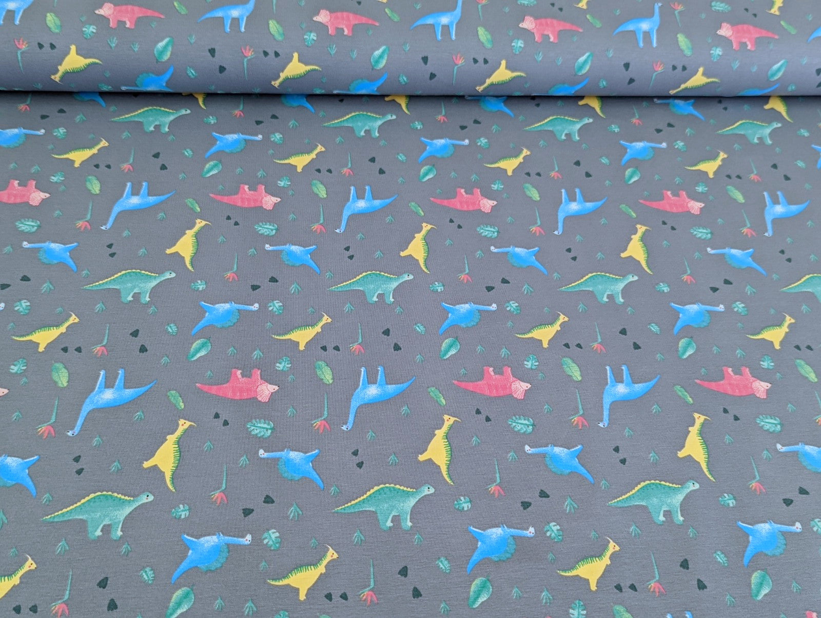 Cotton Jersey Little Neon Dinosaurs on Gray