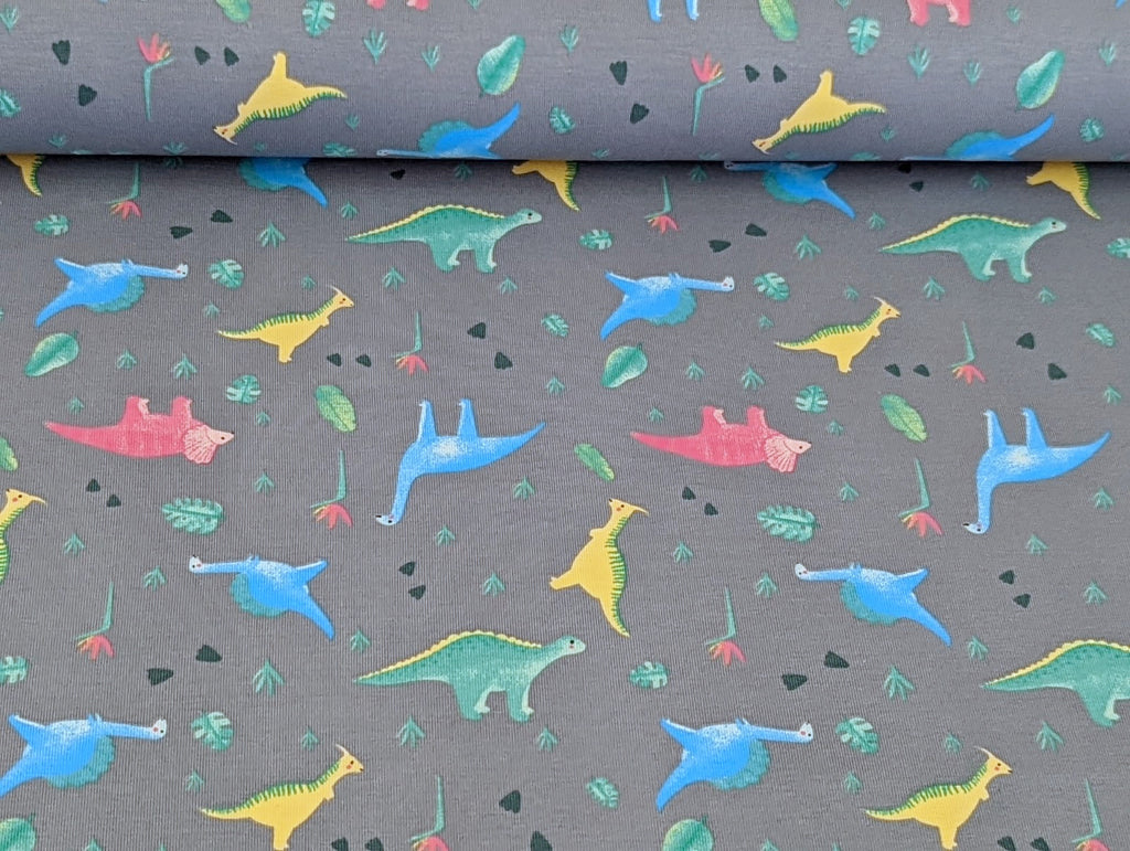 Cotton Jersey Little Neon Dinosaurs on Gray