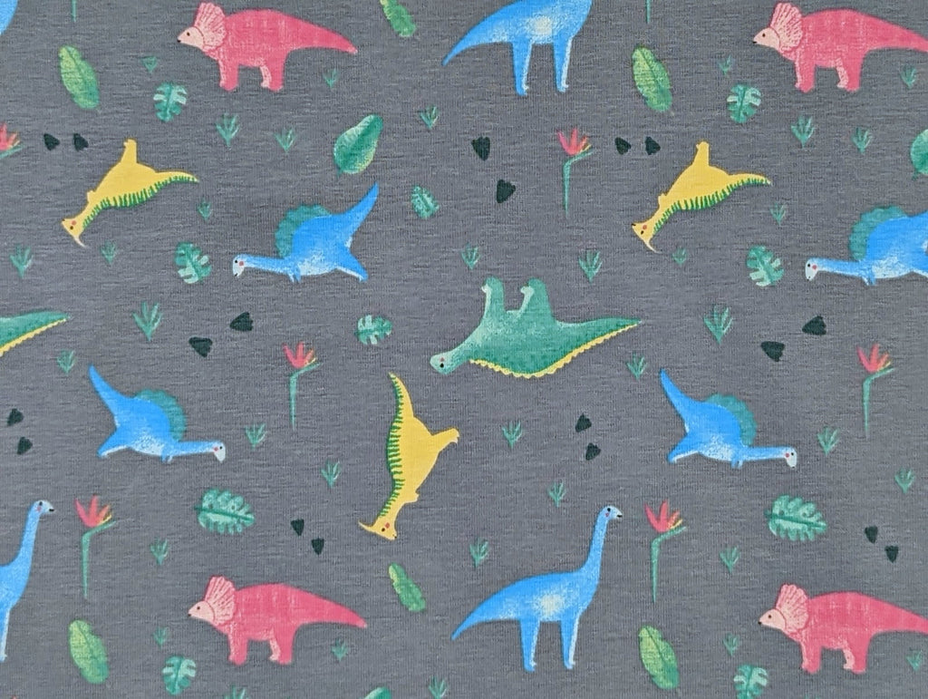 Cotton Jersey Little Neon Dinosaurs on Gray