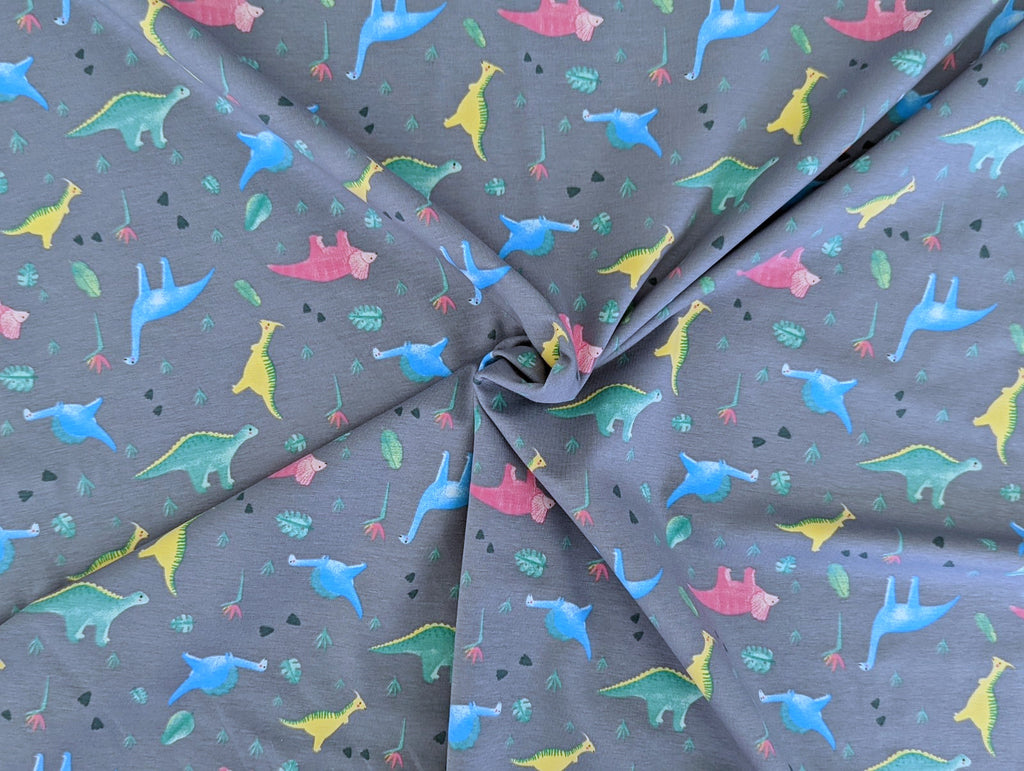 Cotton Jersey Little Neon Dinosaurs on Gray