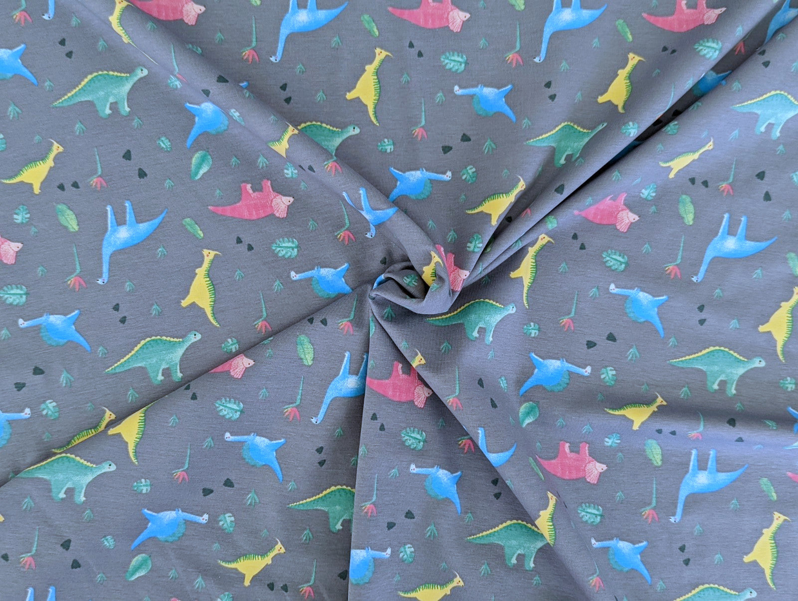 Cotton Jersey Little Neon Dinosaurs on Gray