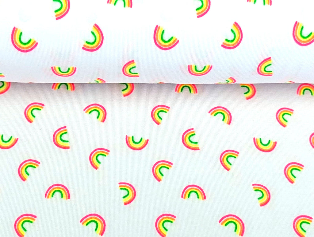 Cotton Jersey Neon Rainbows on White