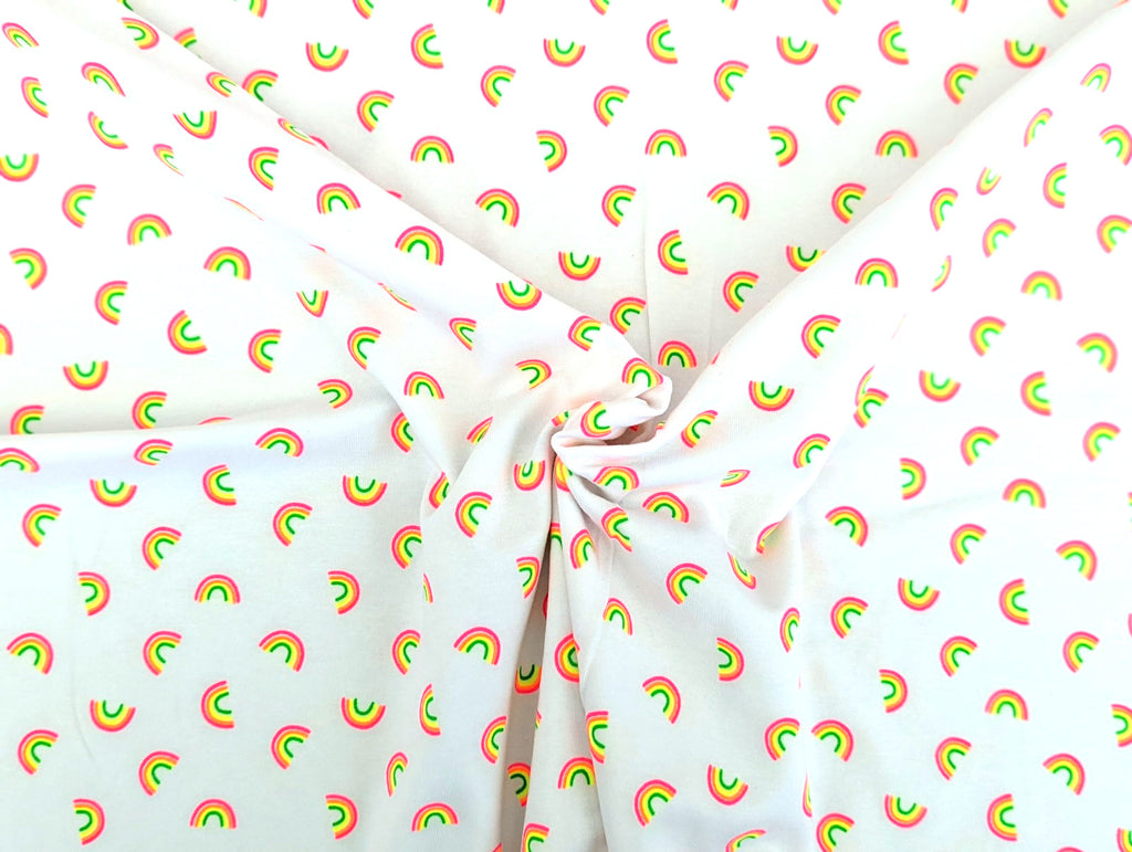 Cotton Jersey Neon Rainbows on White