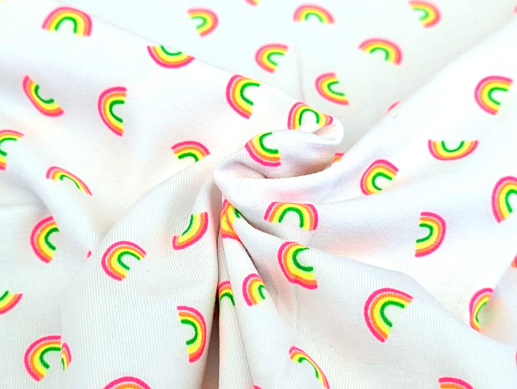Cotton Jersey Neon Rainbows on White