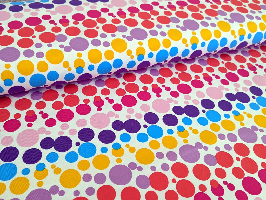 Cotton Jersey Rainbow Bubbles on White