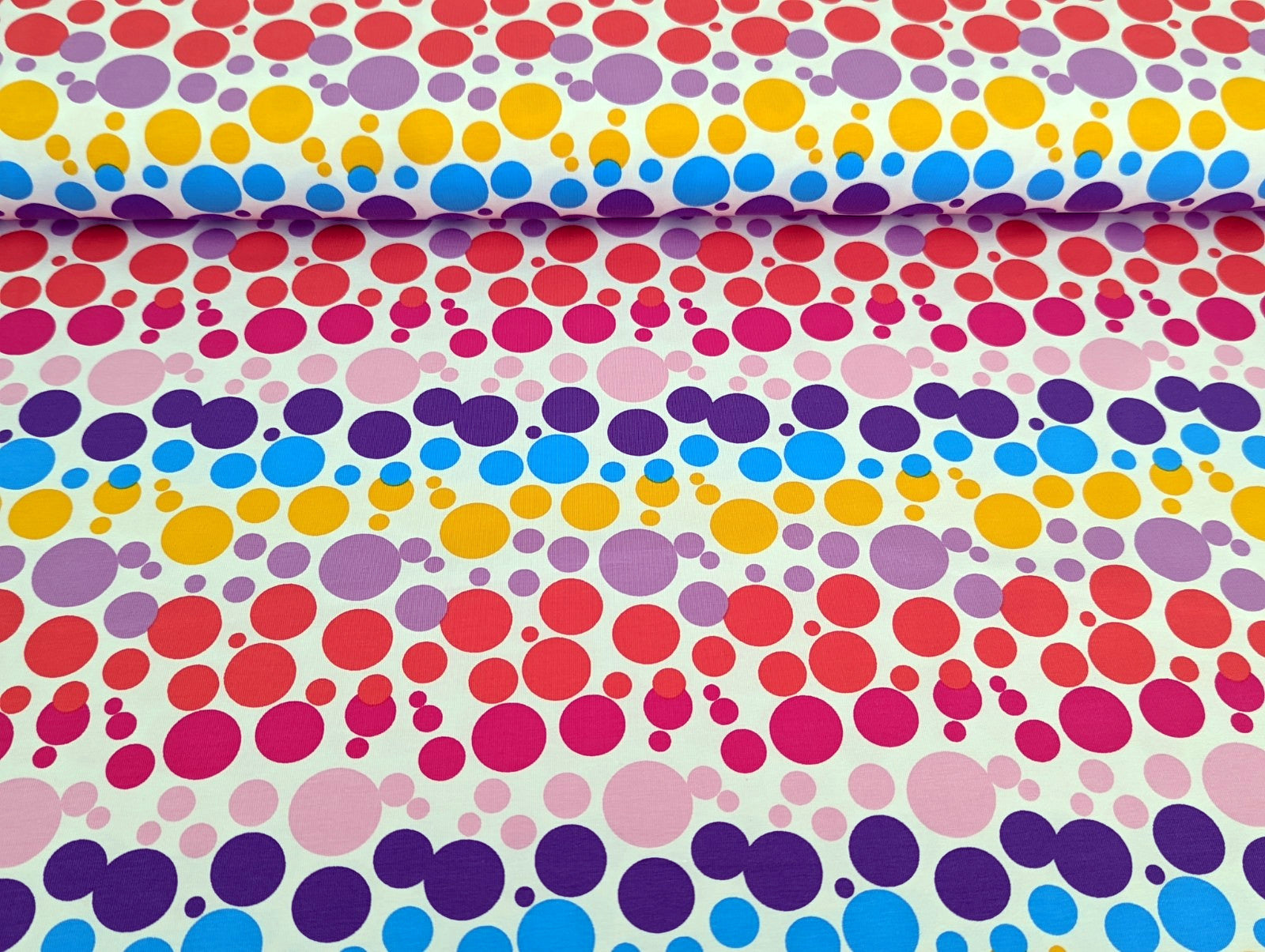 Cotton Jersey Rainbow Bubbles on White