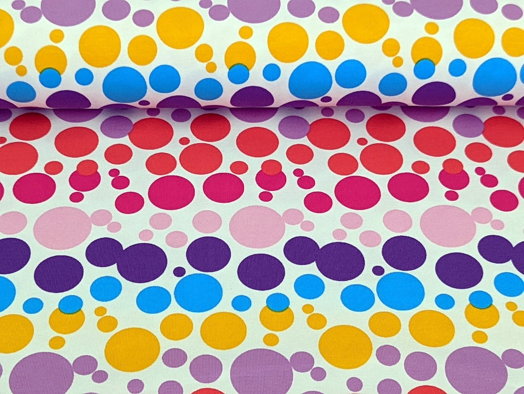 Cotton Jersey Rainbow Bubbles on White