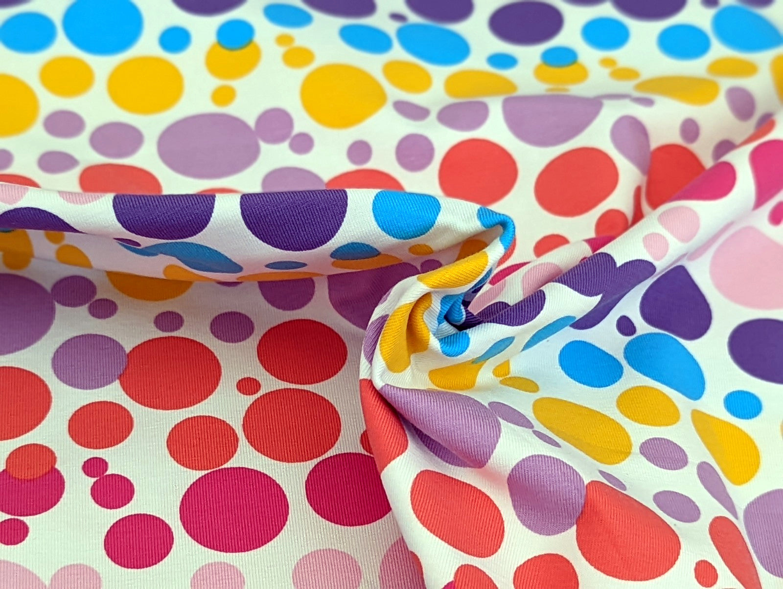 Cotton Jersey Rainbow Bubbles on White