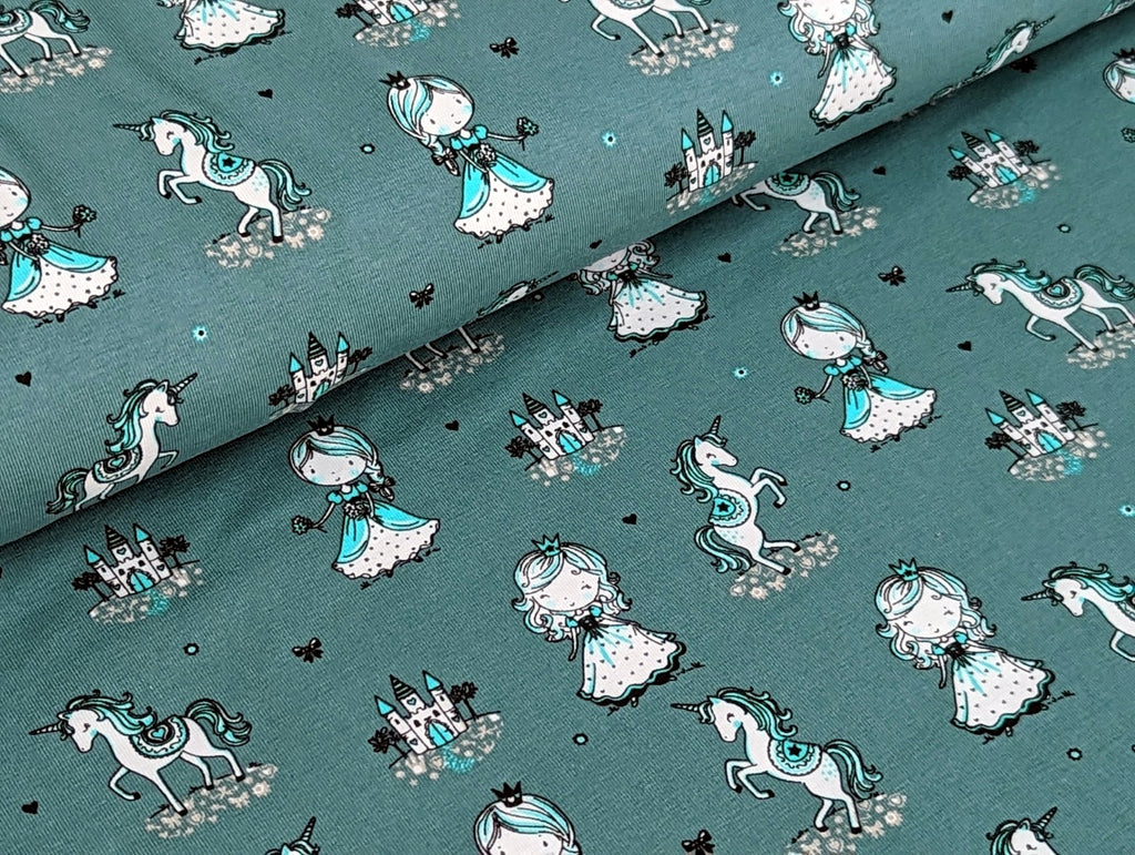 Cotton Jersey Princess Unicorn on Dark Dusty Mint