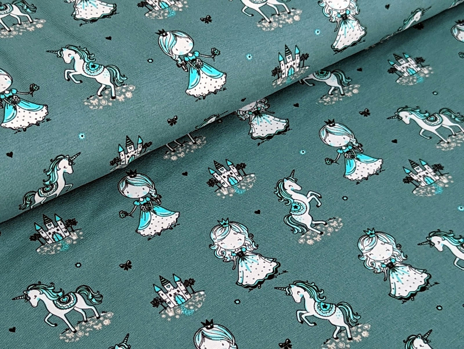 Cotton Jersey Princess Unicorn on Dark Dusty Mint