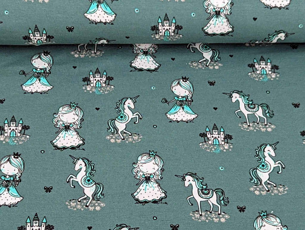 Cotton Jersey Princess Unicorn on Dark Dusty Mint