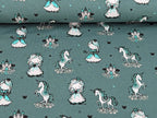 Cotton Jersey Princess Unicorn on Dark Dusty Mint