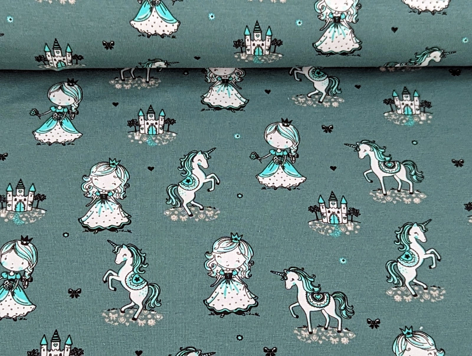 Cotton Jersey Princess Unicorn on Dark Dusty Mint