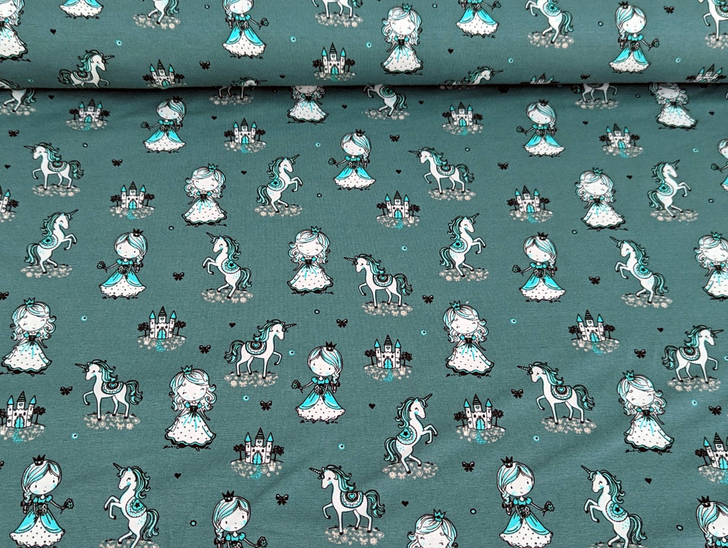 Cotton Jersey Princess Unicorn on Dark Dusty Mint