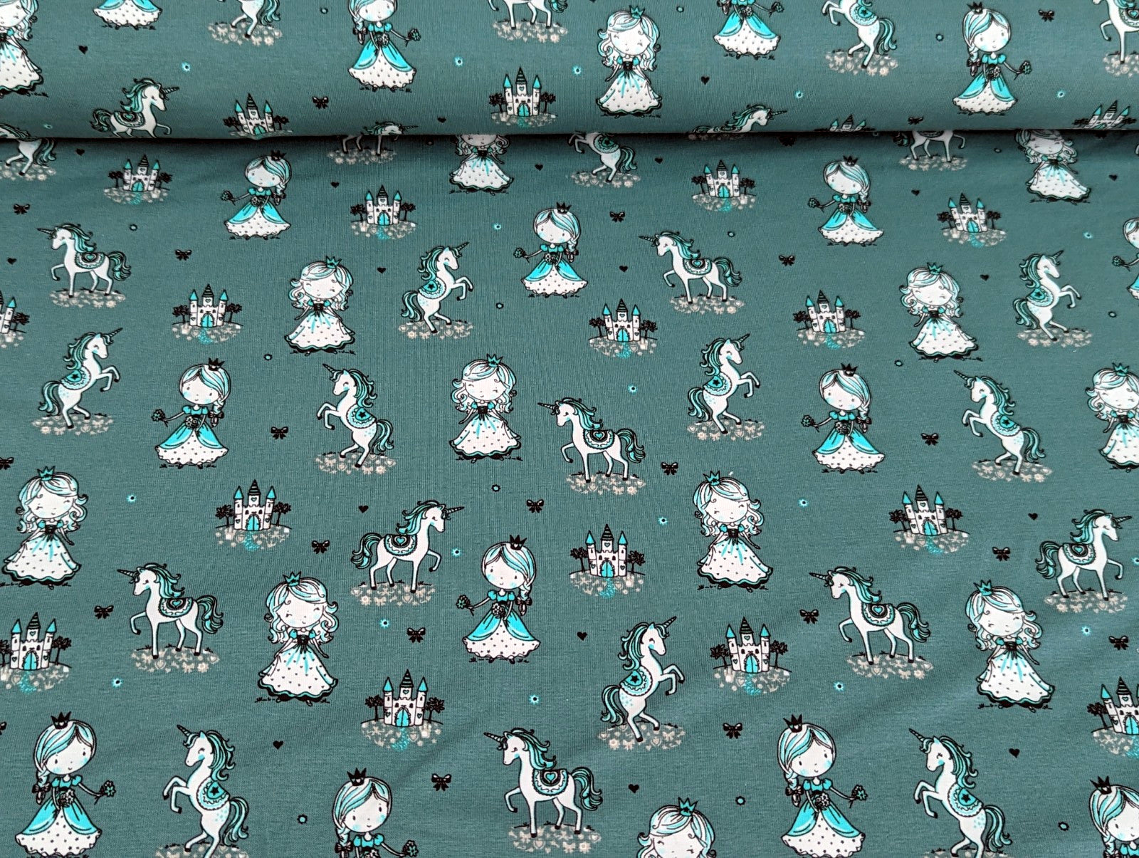Cotton Jersey Princess Unicorn on Dark Dusty Mint