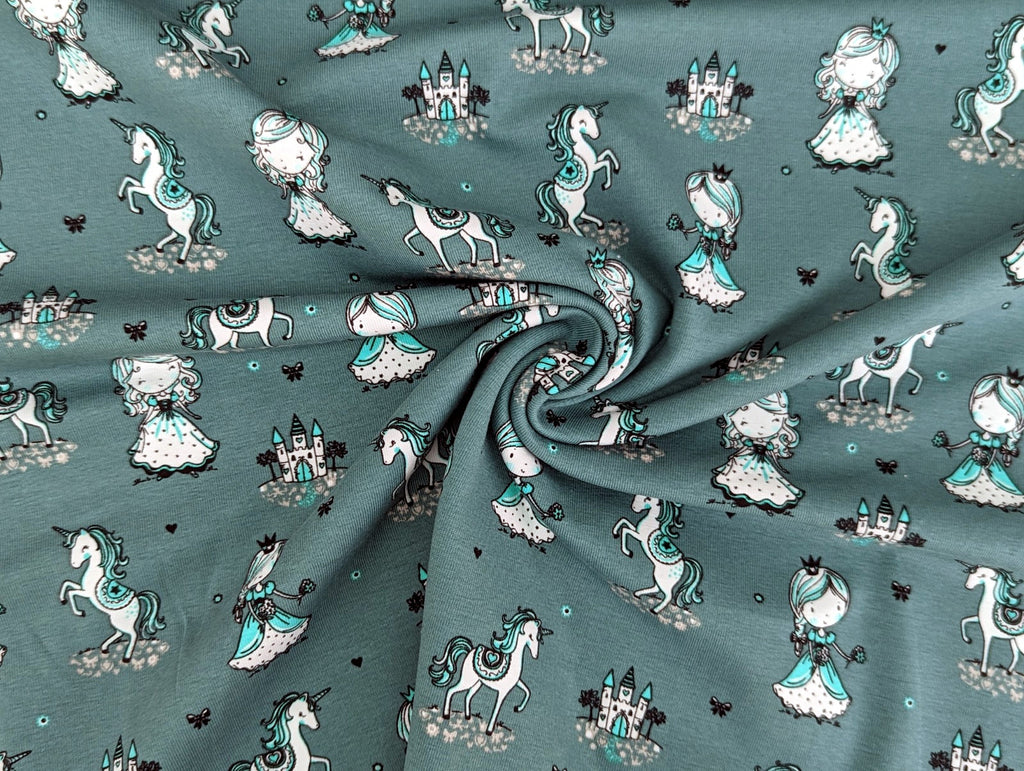 Cotton Jersey Princess Unicorn on Dark Dusty Mint