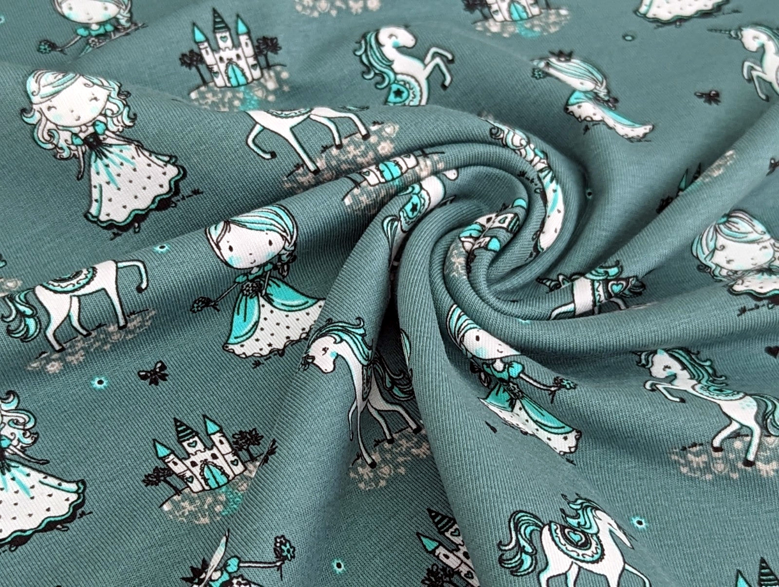 Cotton Jersey Princess Unicorn on Dark Dusty Mint