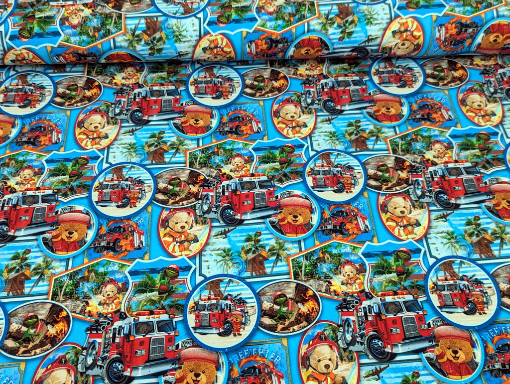 Cotton jersey teddy bear as firefighter bear on blue