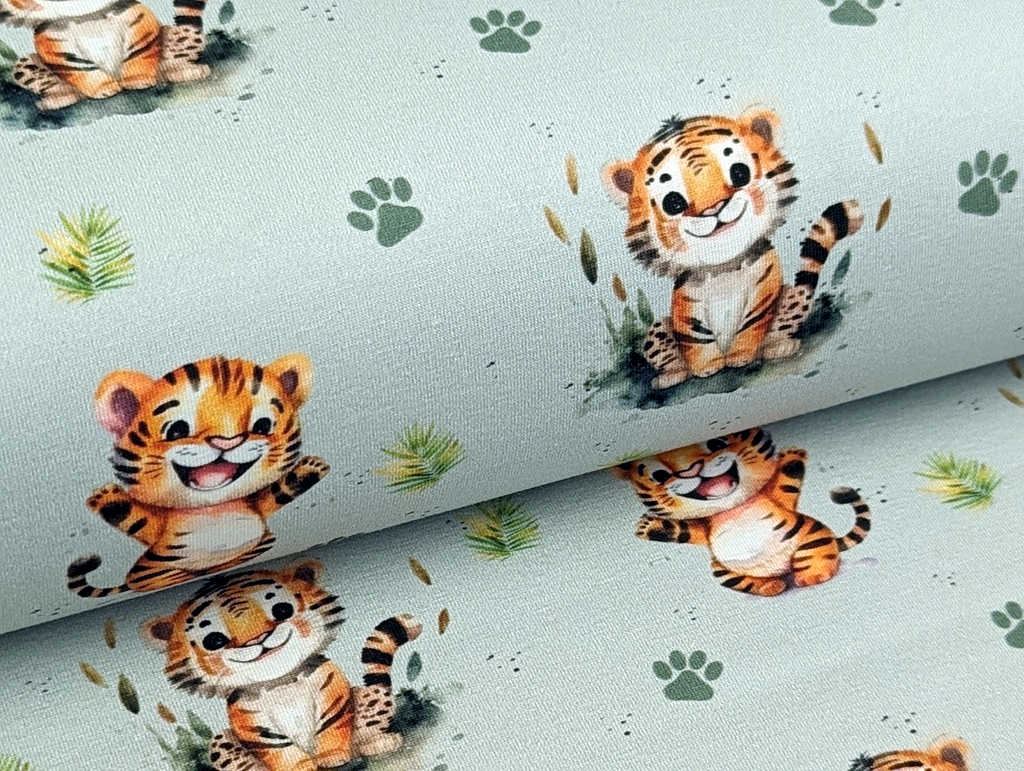 In-house Production Cotton Jersey Little Little Tiger on Grey Light Mint