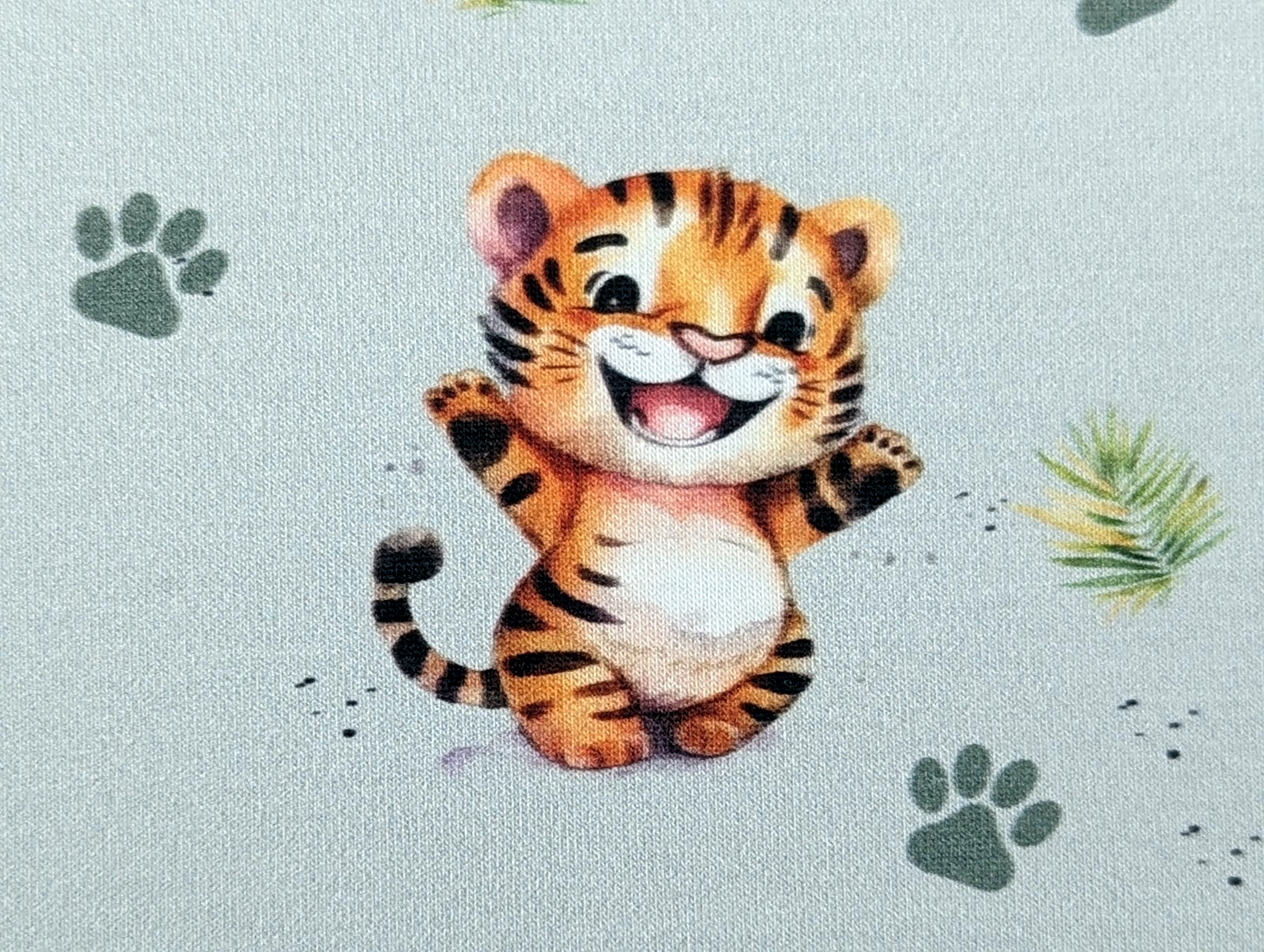 In-house Production Cotton Jersey Little Little Tiger on Grey Light Mint