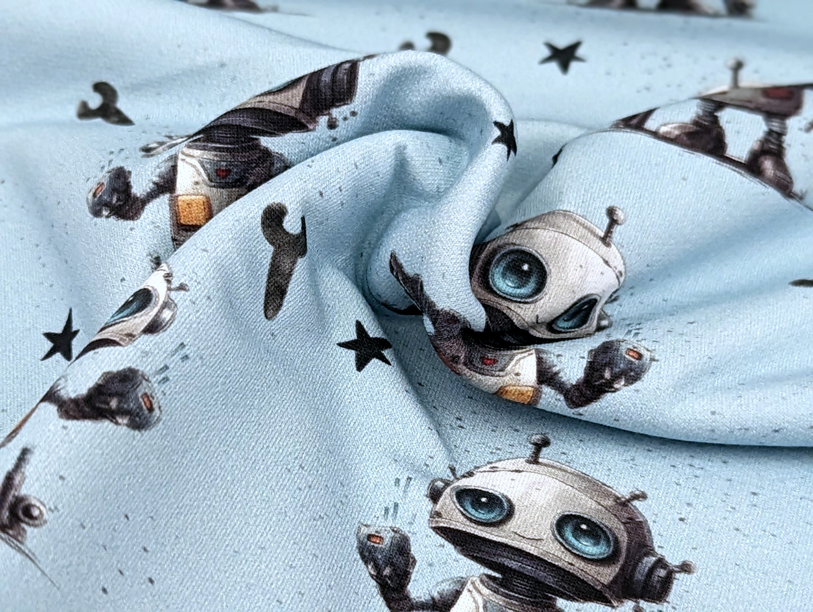 Eigenproduktion Baumwolljersey Roboter Boy auf Hellblau