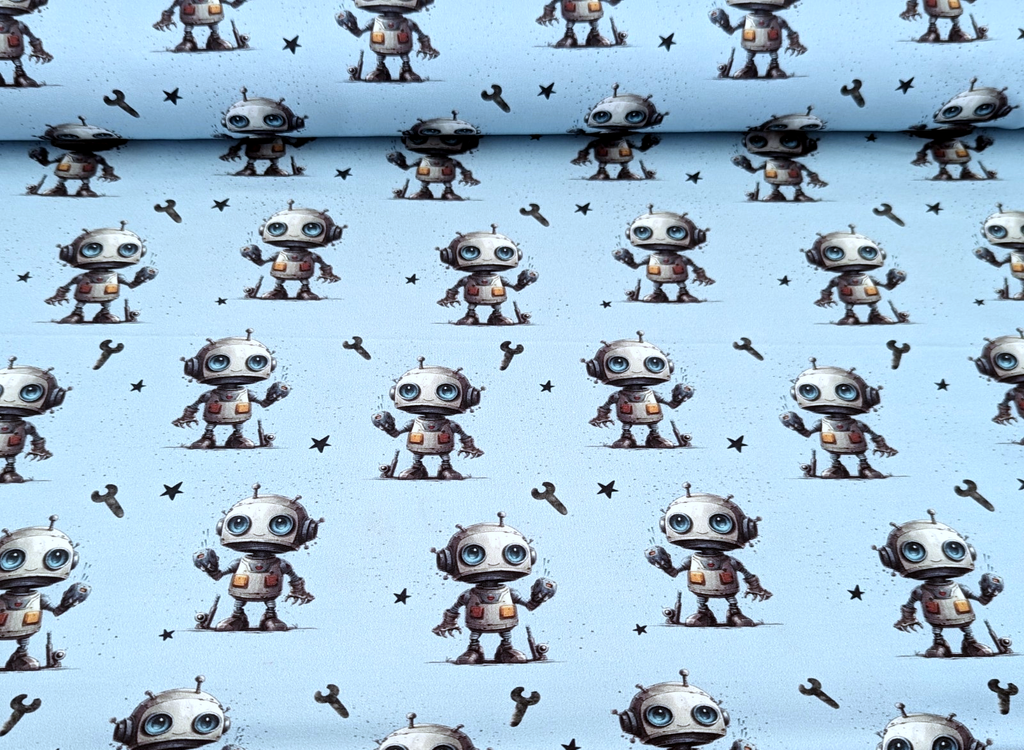 Eigenproduktion Baumwolljersey Roboter Boy auf Hellblau