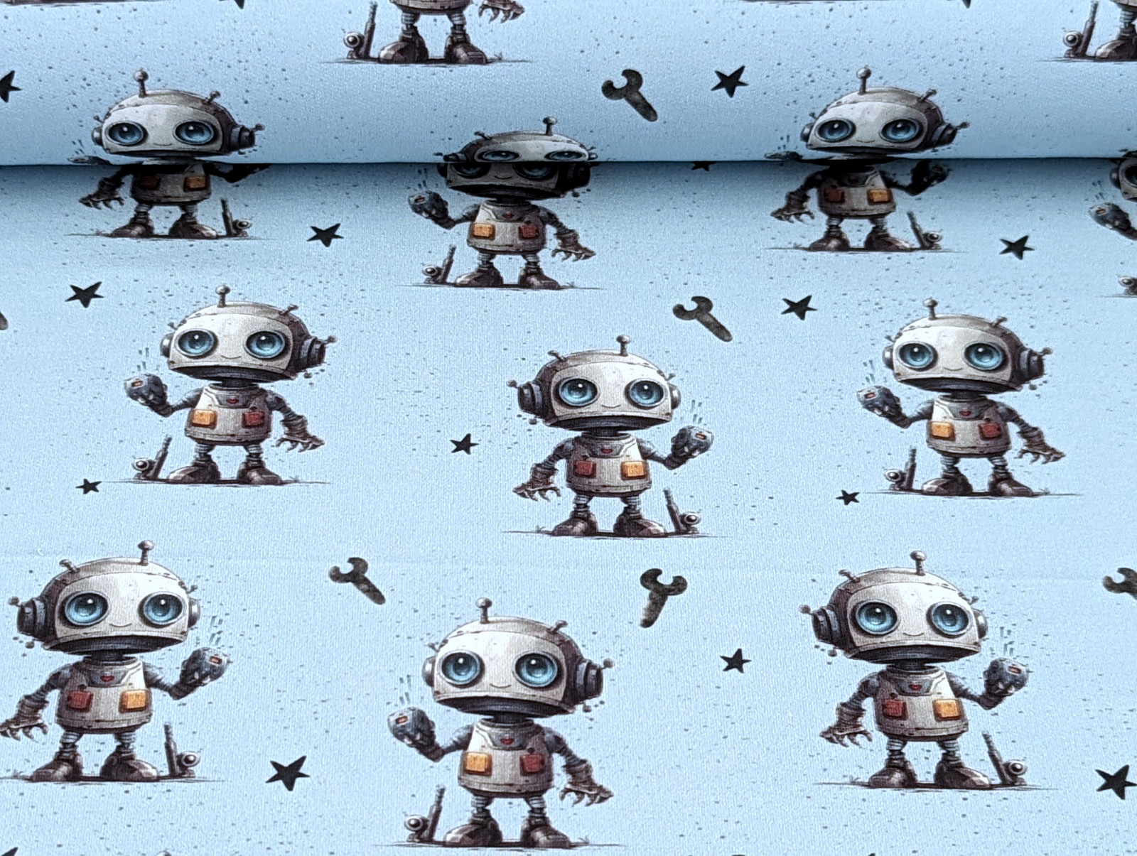 Eigenproduktion Baumwolljersey Roboter Boy auf Hellblau