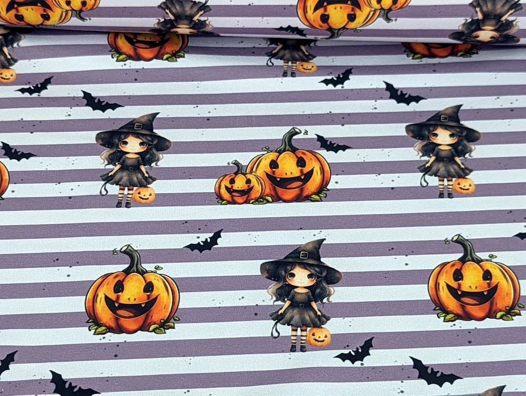 Eigenproduktion Baumwolljersey Sweet Hexe Halloween Kürbis Streifen Helllila -In Produktion-